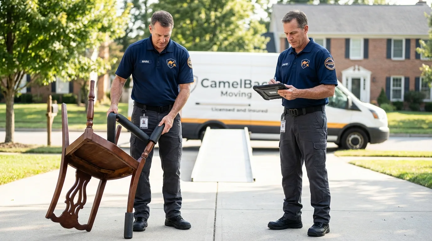 Movers inspecting furniture for damage prevention before loading in Winchester, OH